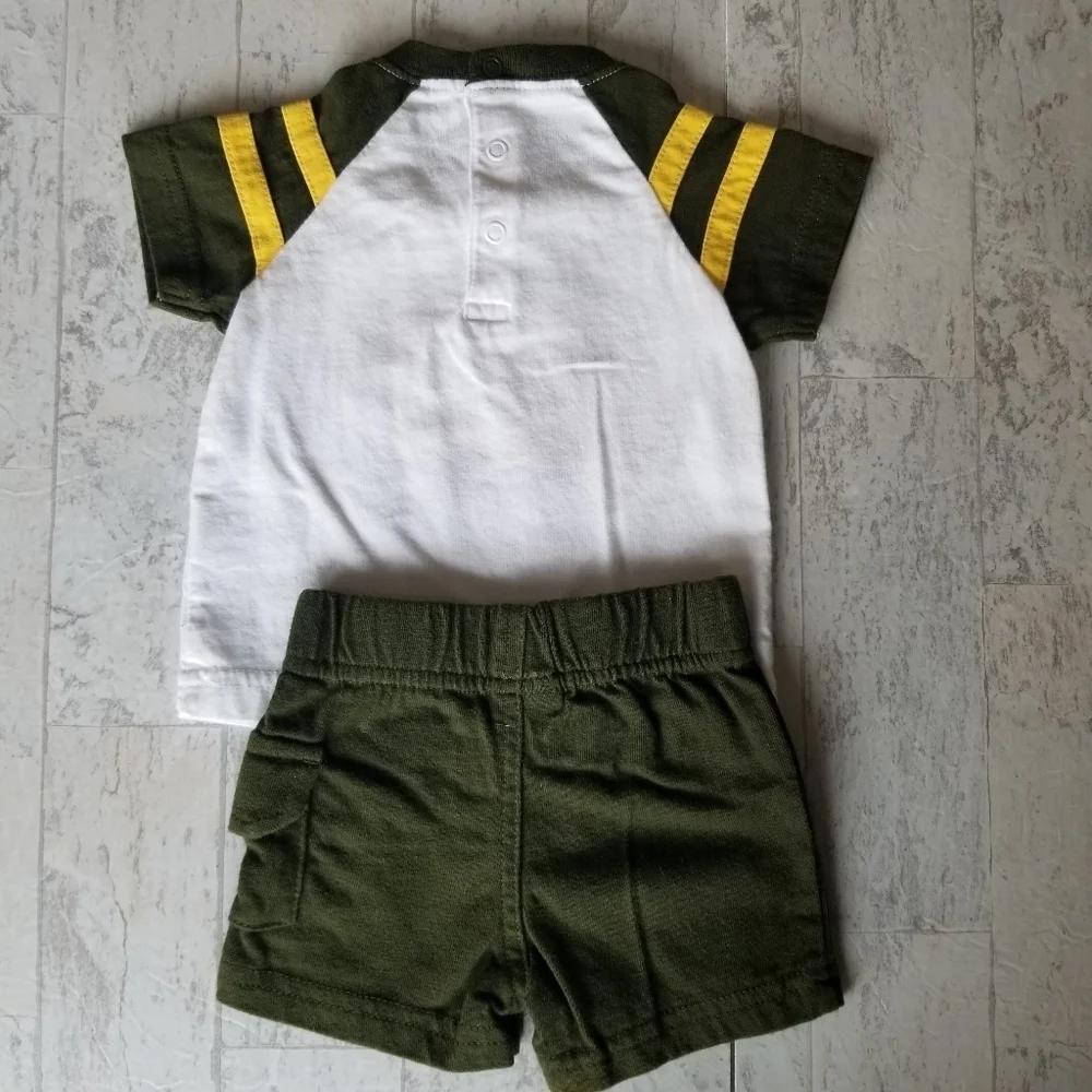 Born to Explore Carter's 3 mo olive green and yellow short/shirt set